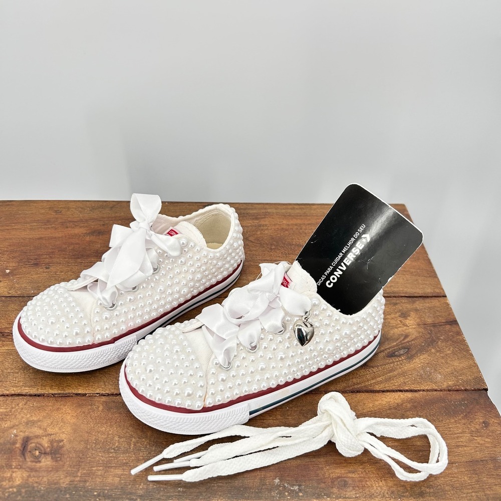 Converse All Star Pearl Embellished Low Top White Ribbon Lace Heart Charm Size 9 - Picture 2 of 7